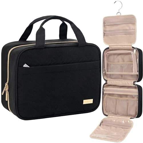 NISHEL TRAVEL TOILETRY BAG FOR WOMEN, PORTABLE HANGING ORGANIZER, MEDIUM - BLACK