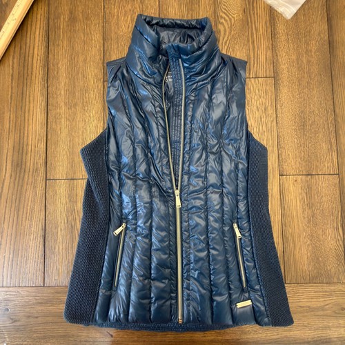 Calvin Klein Performance Womens Navy Blue Premium Down Puffer Vest Med Gold Zip