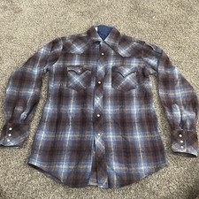 VTG 80s Flannel Pearl Snap Western Shirt Plaid Brown Mens M 15 1/2 34