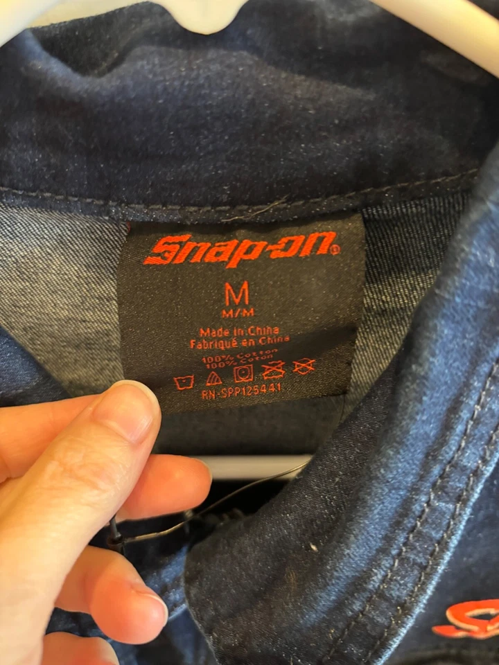 复古 SNAP-ON 工具牛仔夹克女式中号海军蓝褪色工作服 — 第 3/4 张图片