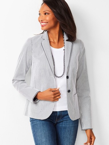 TALBOTS Aberdeen Blazer Size 6 Piped White Navy Stripes Nautical Jacket Preppy - Picture 6 of 6
