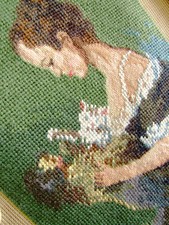 An Elegant Lady Pets Cute Dog Kitten Completed Needlepoint Canvas Tapestry