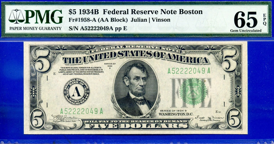 1934B $5 Federal Reserve Note PMG 65EPQ rare only 12 known Boston Fr 1958-A - Image 3 of 4