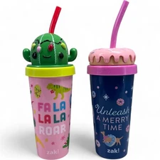 Lot of 2 Zak Designs 18oz Plastic Figural Straw Tumbler Cactus Donut Lid Holiday