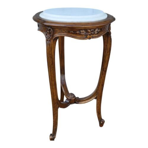 19th Century French Walnut Marble Top Side Table – Hand Carved, Accent Table