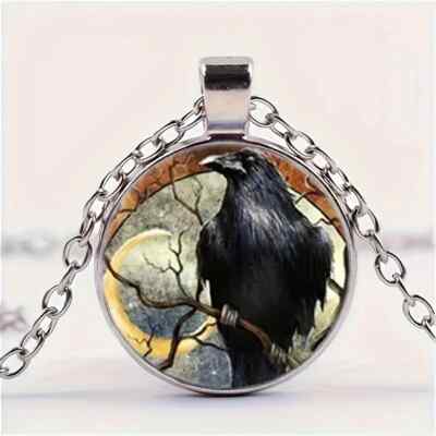 New Fashionable Raven Gothic Bird Round Pendant Necklace Jewelry Gift