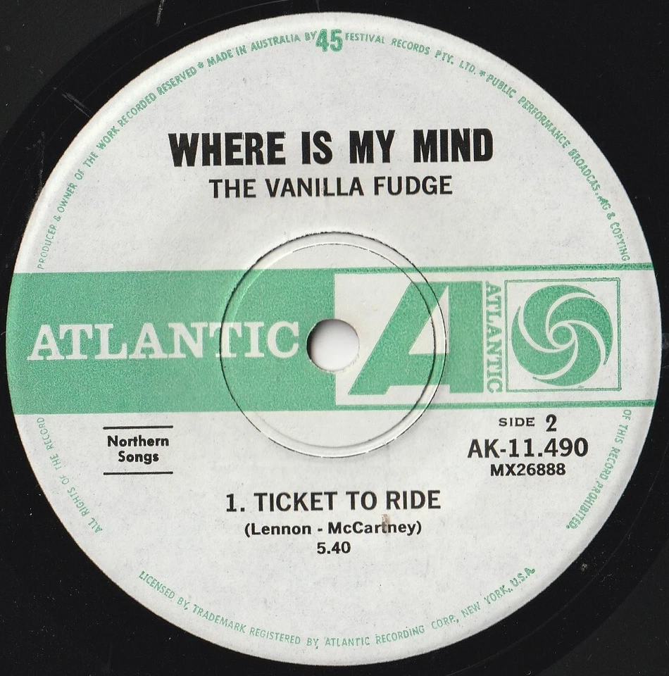 VANILLA FUDGE EP: WHERE IS MY MIND? +2 AUSSIE ATLANTIC 11,490 C=EX- V=NM/NM 1968 - Image 4 of 4