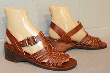 Fits 6.5 N NOS VTG 70s Sandals Shoes Brown Huarache Leather Wood Wedge Heel 7.5