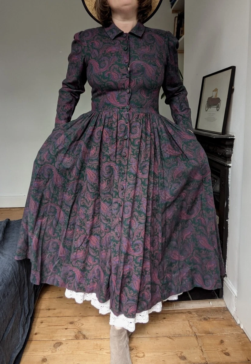 LAURA ASHLEY VINTAGE 70s collared wool buttoned long paisley Dress Size 12 S M