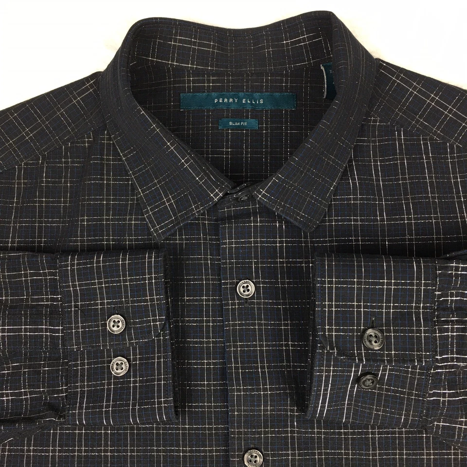 Camisa social masculina Perry Ellis média preta metálica prata xadrez slim fit - Imagem 2 de 4