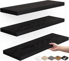 3-Pack Black Floating Wall Shelves Rustic Wood 15.7" Heavy Duty Storage Decor