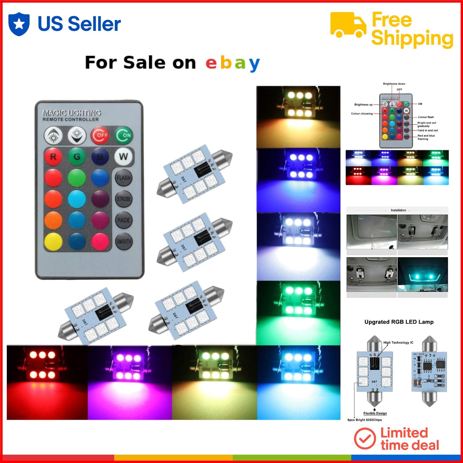 42mm Rgb 16 Color Remote Interior Map Dome 4 Pack