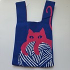 Small Knitted Project Bag Travel Tote Wristlet Blue Pink Cat With Yarn
