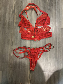 For Love and Lemons SKIVVIES Bralette and panties Size Large RED hard to find