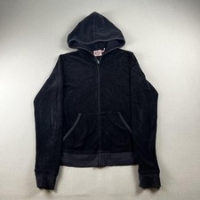 Vintage Juicy Couture Hoodie Sweatshirt Womens Medium Black Velour Full Zip y2k