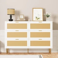  Rattan 6 Drawer Dresser, 42.5'' 15.6"D x 42.5"W x 29.5"H (6 Drawers) White