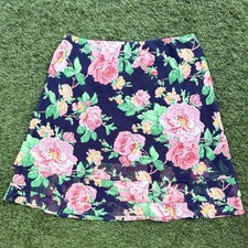 Lauren Ralph Lauren 100 Silk Floral Skirt Navy Pink Roses Layered Size 10 Fairy
