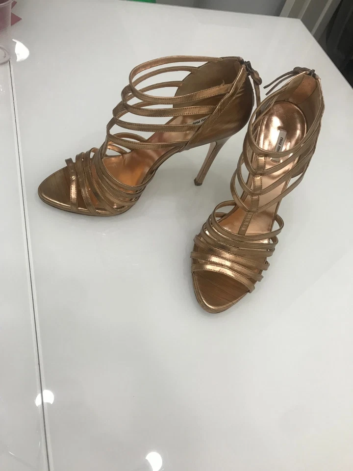 Miu Miu Womens Gold Glamour Cammello T Strap Cage Heel  Size 39.5 - Image 2 of 4