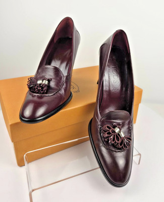 Tod s Burgundy Leather Tassel Loafer Pumps Heels EU 38.5 US 8.5 Italy Box