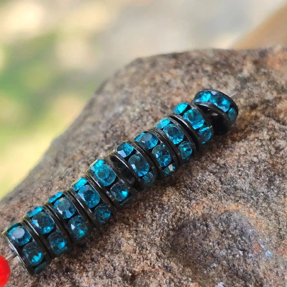 (10) Cuentas rondelle vintage de metal negro Swarovski diamantes de imitación azul aguamarina Foto 3 de 4