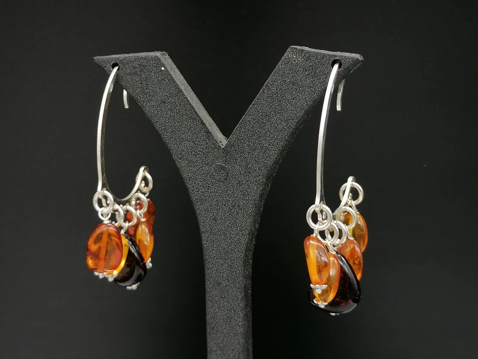 orecchini donna vera ambra argento bianco 925 pendenti multicolore miele - Immagine 2 di 4