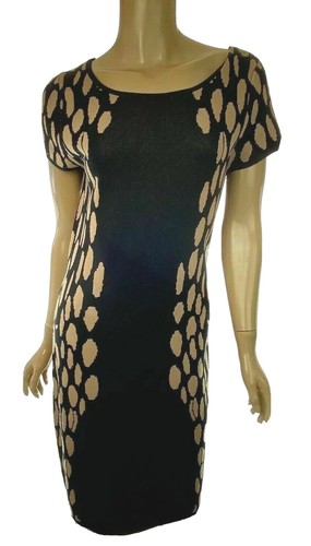 Carmen Marc Valvo Knit Dress Sheath Short Sleeve Black & Brown Sz M Rayon/Nylon