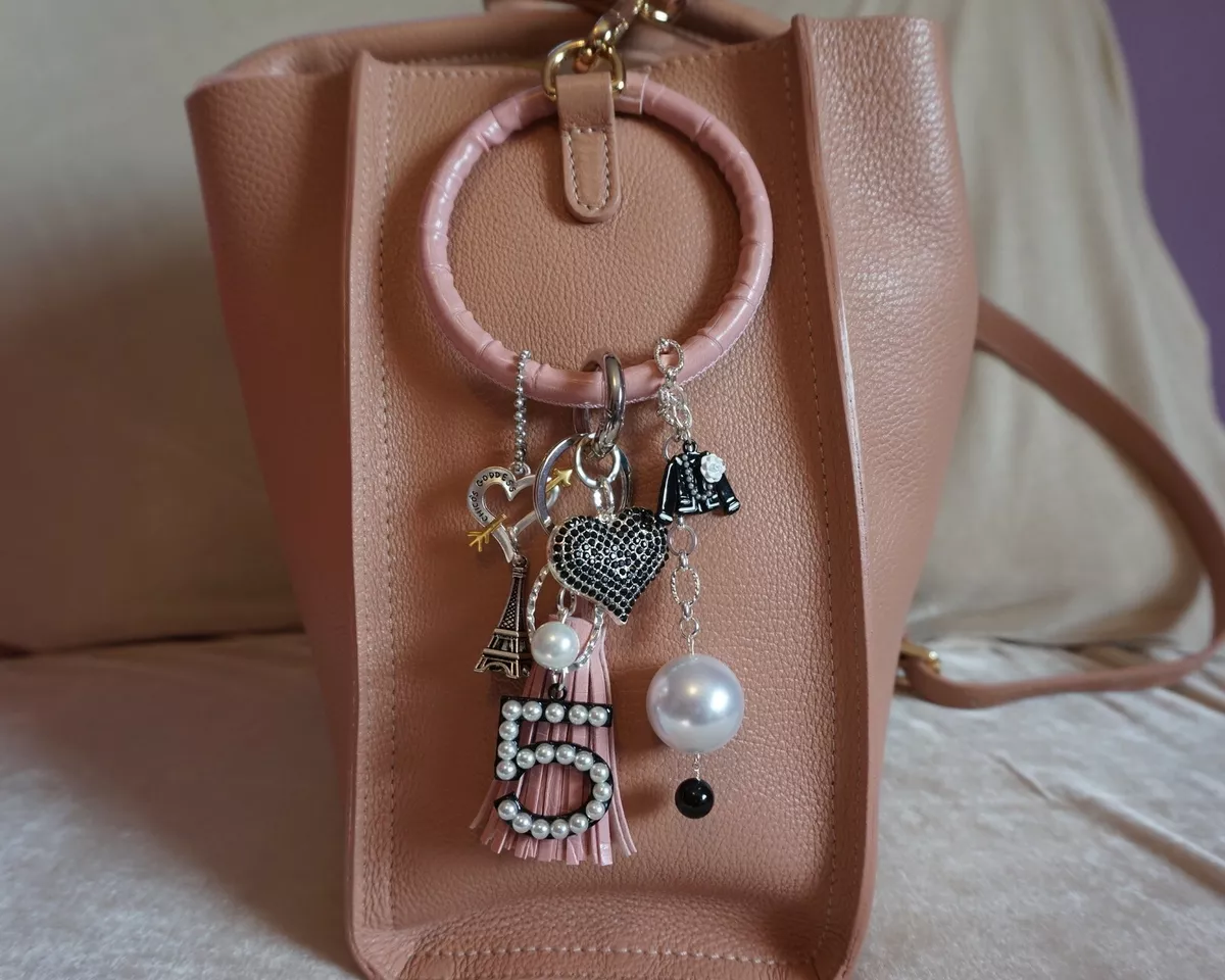 Handmade Purse Charms Keychain New Bangle Pink/Silver Tone with Cute Charms