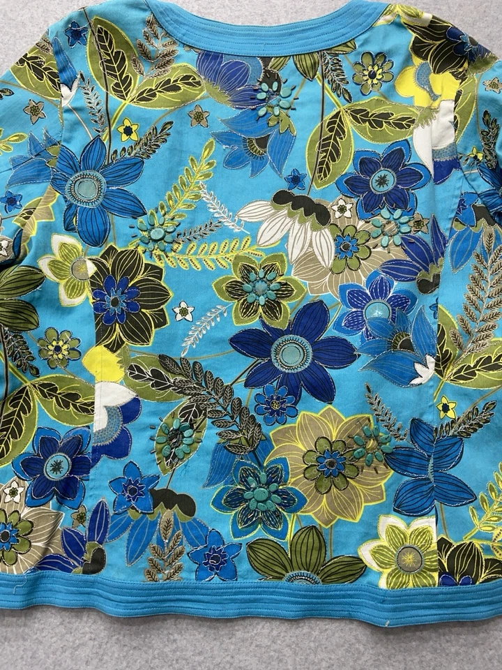 Chico’s Jacket Womens Size 3 (XL) Blue Floral Embroidered Beaded Button Front Bo - Image 4 of 4
