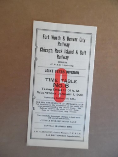 1936 Fort Worth & Denver Railway Rock Island Joint Employee Timetable No. 6 ETT