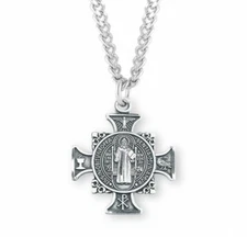 Sterling Silver Maltese Benedictine 0.9" Medal, 24" Chain,  US Made, Boxed
