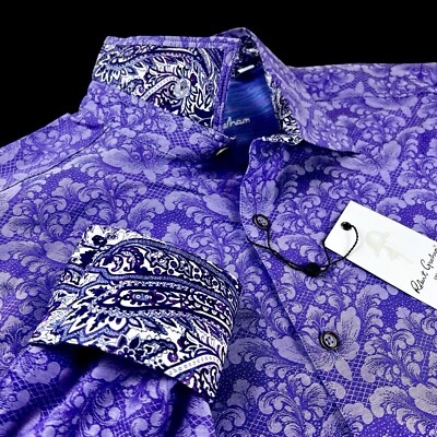 Robert Graham Geometric Floral Paisley Lilac Purple Tribal Sport Shirt 2XL