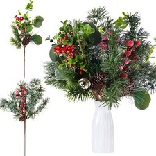12 Pcs 12 Inch Artificial Christmas Picks Red Berry Pine Cone Holly Pick