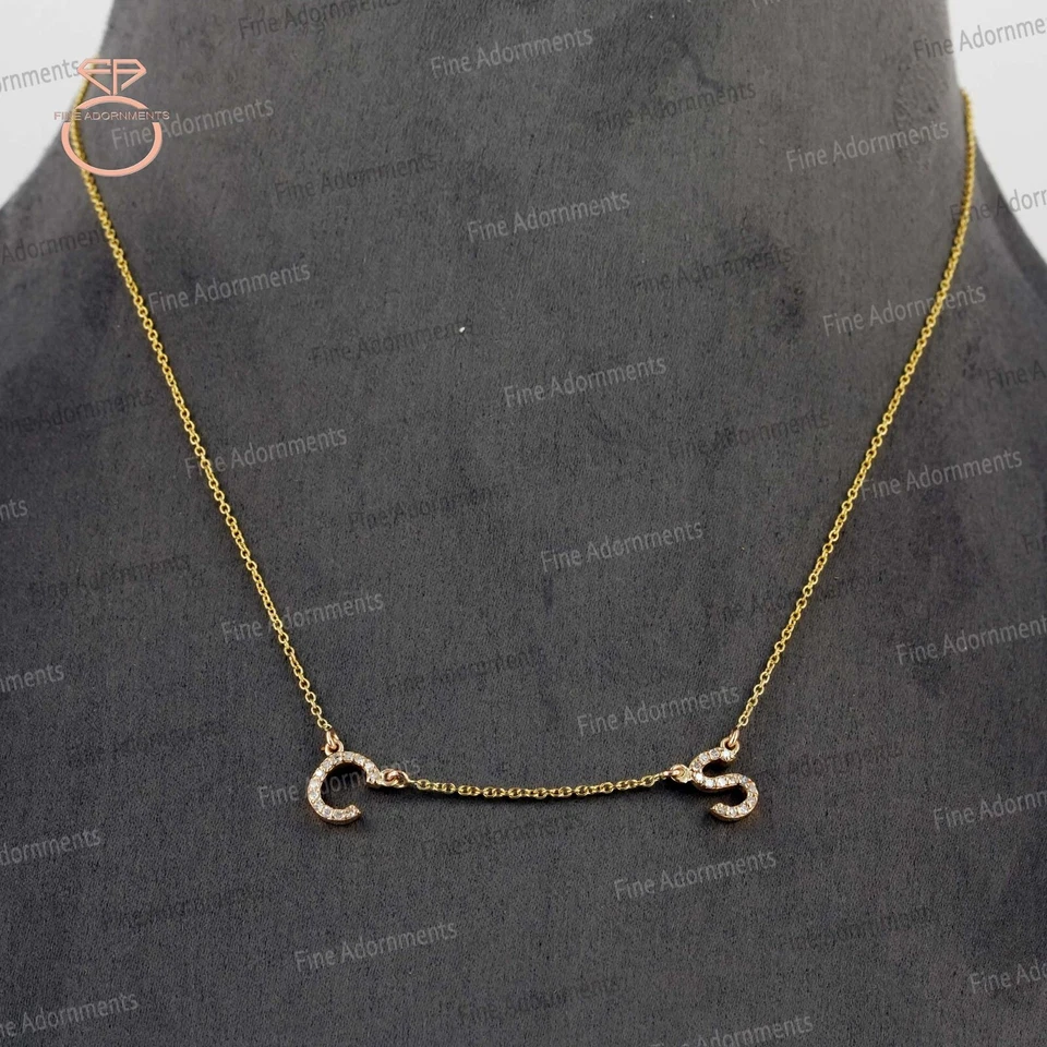 Nuevo collar inicial de oro amarillo sólido de 14k con dije de letras de diamantes naturales Foto 3 de 4