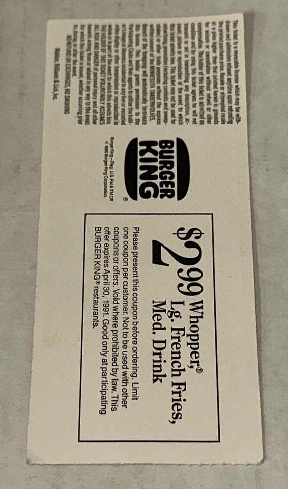 Warriors Timberwolves NBA Season Target Center Ticket Stub Tony Campbell 2/20/91 - Image 2 of 2