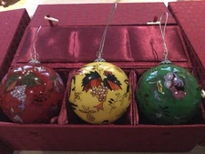 Vintage France PIERRE DEUX Fruchie Hand Painted Glass Christmas Ornament Set/3