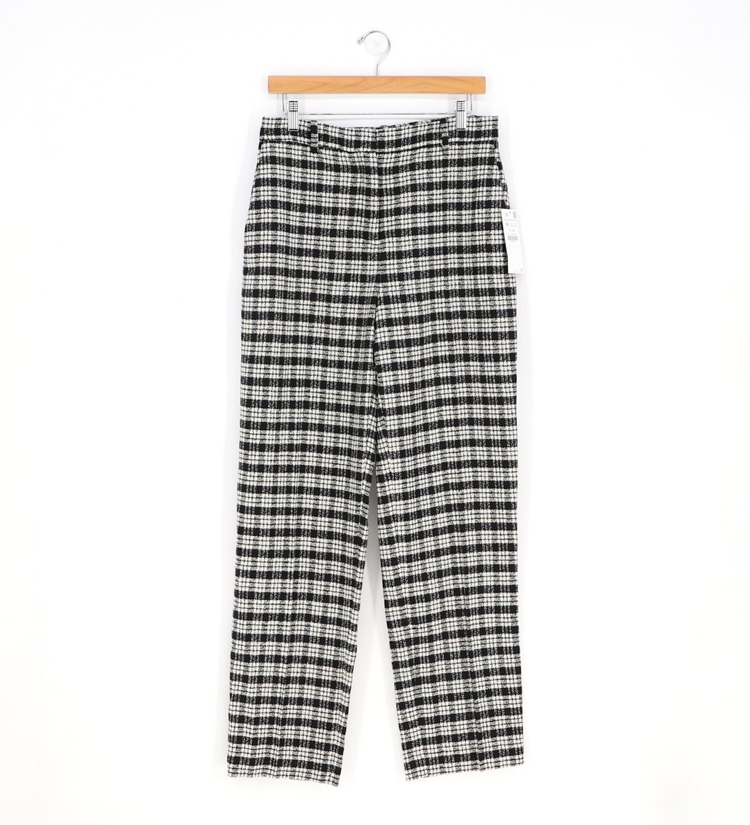 NWT ZARA Wool Blend Plaid Straight Leg Trousers High Waist Black