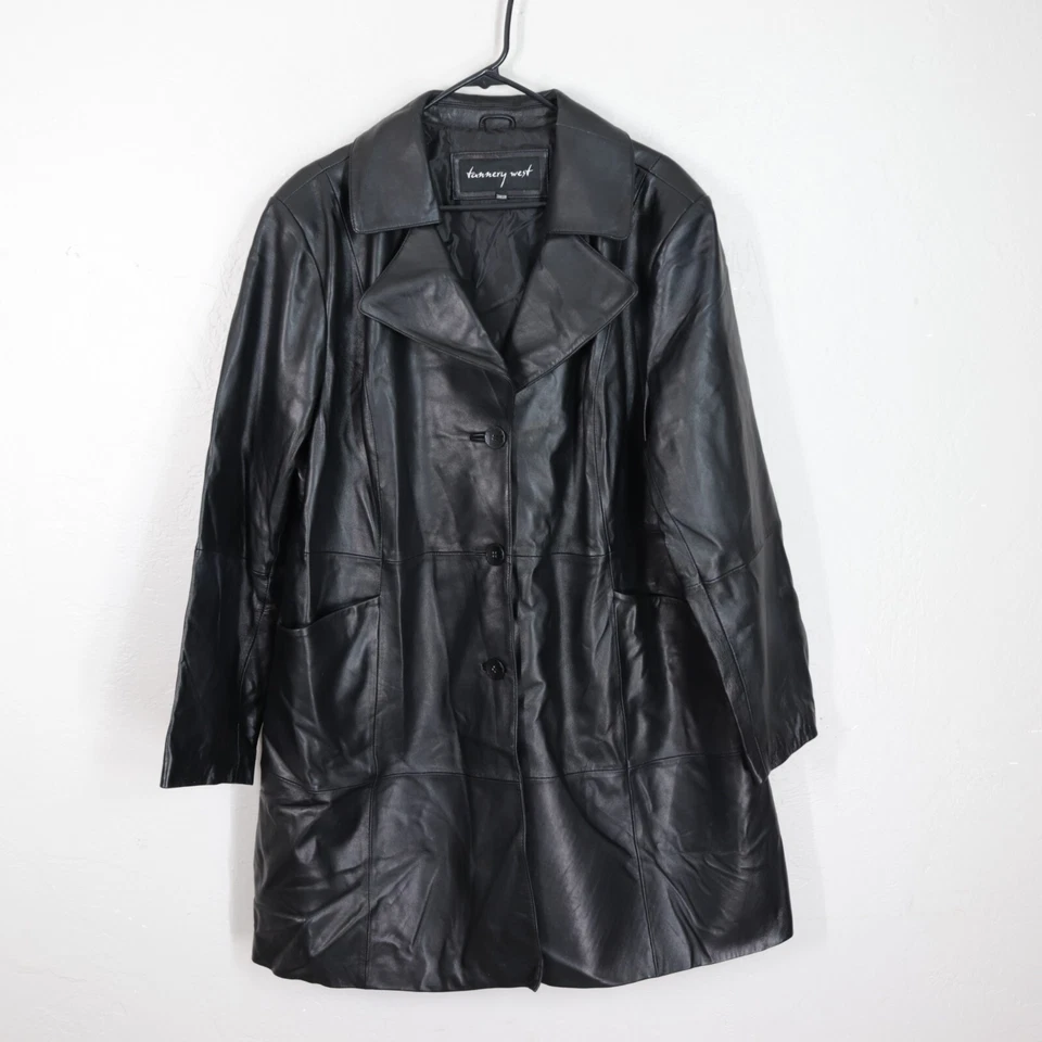 Vtg Tannery West Leather Jacket Coat Plus 24W 26W Black Button Pockets Lined - Image 3 of 4