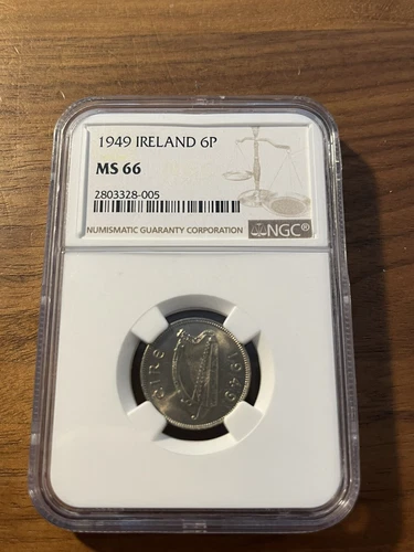 IRELAND 6 Pence 1949, NGC MS66 Superb Gem UNC
