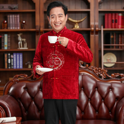Chinese Traditional Red Jacket Men Autumn Winter Coat Spring Festival Tang Suit
