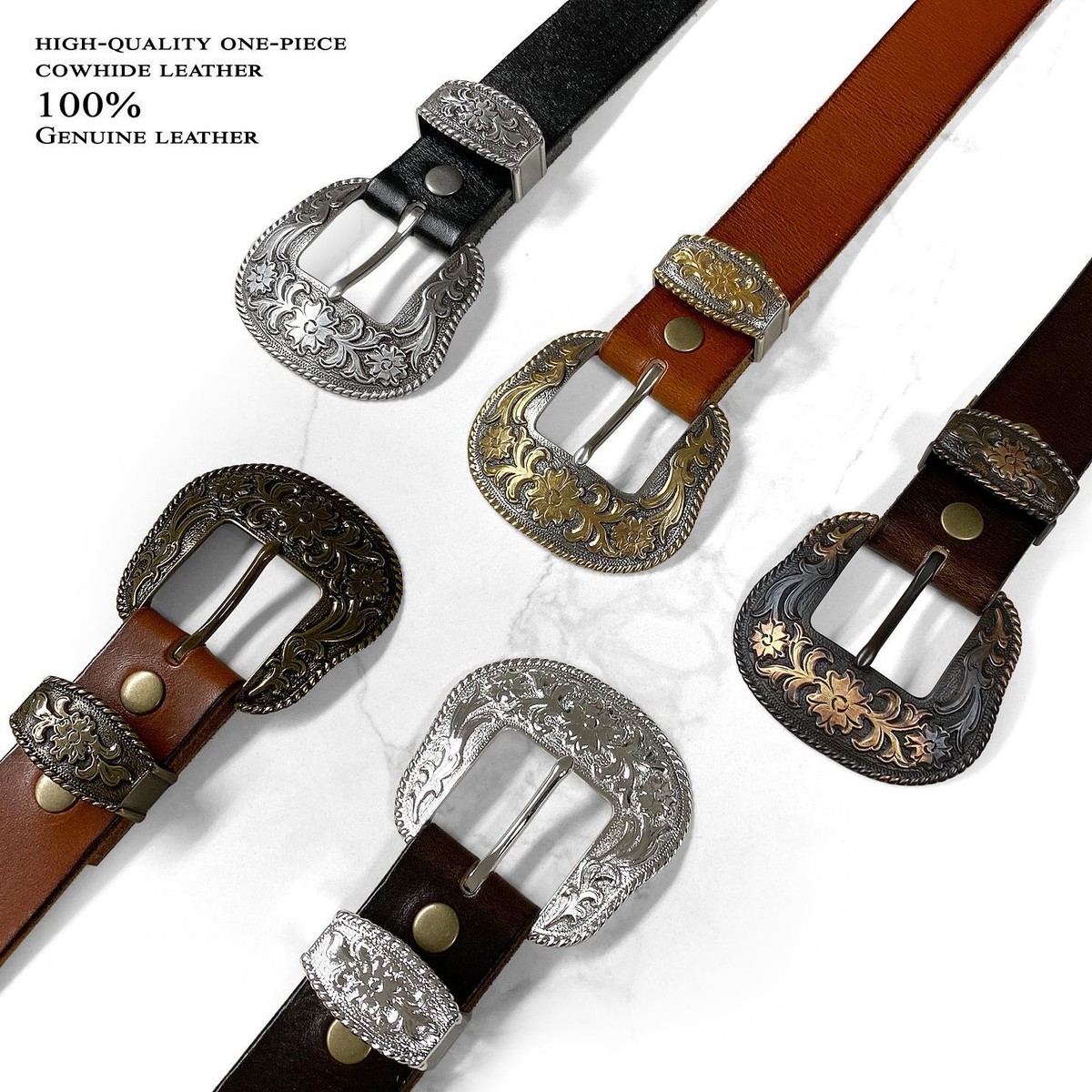 Genuine Leather Western Belt with Vintage Gold Buckle, 1.5\