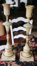 Vintage French Toleware Lamps Pair Slim Beige Gold Tall 50s Harlequin Torchiere