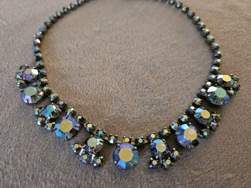Vintage Austria Aurora Borealis  Green/Blue/Purple Rhinestone Necklace