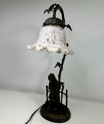 Vintage Andrea By Sadek Bronze Lamp Girl Holding Cat Glass Shade