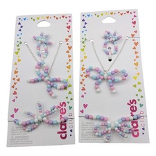 Claire's Club 2 Pack Beaded Bow Jewelry Set Necklace Hair Clip Ring Pastel
