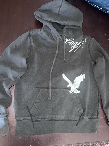 American Eagle Outfitters Eagle Fleece Hoodie Mens M Black Pullover Graphic