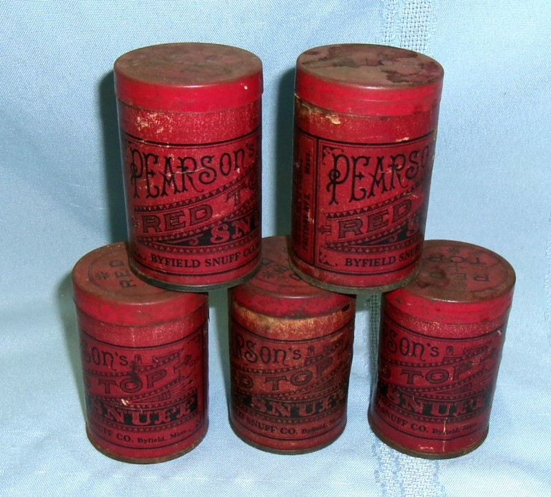 5 VINTAGE EMPTY PEARSON'S RED TOP SNUFF TINS ~ BYFIELD SNUFF CO., BYFIELD, MASS.