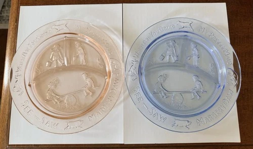 Vintage Indiana Tiara Glass Set Pink Blue Child's Divided Plate Nursery Rhymes