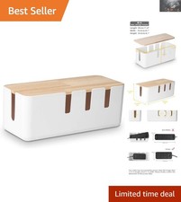 Elegant Cable Management Box, Wooden Lid - 12x5x4.5 inches, White Wire Organizer