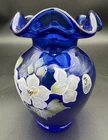 Fenton Cobalt Blue Hand Painted Floral Art Glass Vase Signed w/ Box