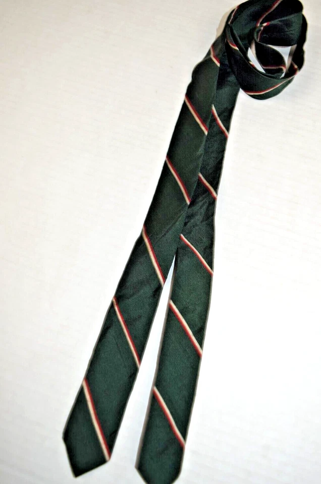 领带 复古 进口丝绸 60 年代 绿色 红色 象牙色 条纹 紧身 领带 52 x 1.5 — 第 3/4 张图片